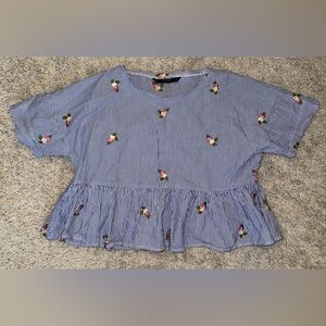Zara Blue Striped Top with Floral Detail